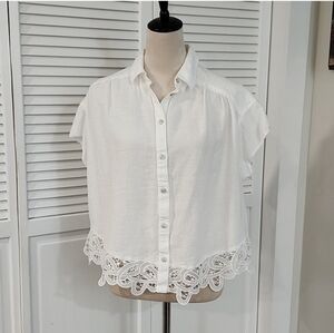 American Eagle White Lace-Hem Button-Up Linen Cotton Mix Shirt , XS